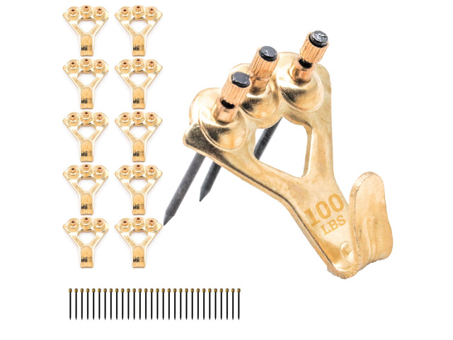 PHS 100 lb Brass Picture Hanging Hooks with Nails, 10 Pack Heavy duty picture hangers, mirror mounting hardware, hardened blue steel nails,...