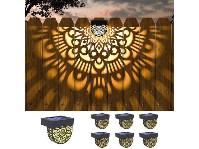 6 Pack Solar Fence Lights Outdoor Wall Lights Black Plastic Solar Powered Deck Step Stair Lights Mandala Theme Waterproof Fence Solar Light for...