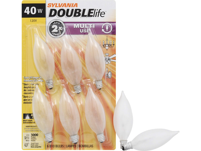 Sylvania Double Life Incandescent Light Bulb, B10, 40W, Dimmable, Candelabra Base, 285 Lumens, Frosted - 6 Count (Pack of 1) (15323)