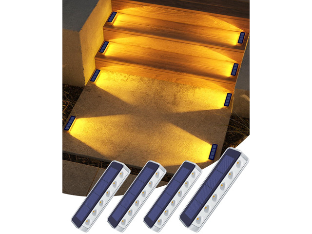 Solar Step Lights Outdoor IP68 Waterproof 4 Pack Warm White Solar Power, Auto ON/OFF, Stick on, Sturdy PC Shell, for Outside Stair, Deck, Dock,...