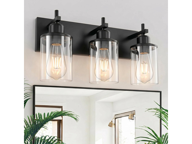 3-Light Black Bathroom Light Fixture Over Mirror Modern Farmhouse Bathroom Vanity Light Vintage Wall Lighting with Clear Glass Shade for Bathroom,...