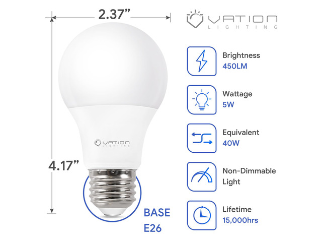 24 Pack A19 LED Light Bulb, 40 Watt Light Bulbs, Warmwhite 3000K, Non-Dim Efficient 5 Watt, 450 Lumens, E26 Medium Base, ETL/UL Listed, Energy...