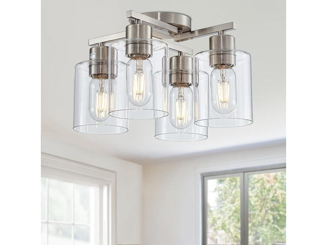 Semi Flush Mount Ceiling Light Kitchen Lighting Fixtures Ceiling Brushed Nickel Kitchen Cieling Light Fixtures with Clear Glass Shade for Dining...