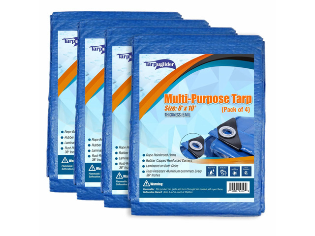 Blue Tarp Pack of 4 Tarps Heavy Duty waterproof 8x10 Large Multipurpose Poly Outdoor Tarps Cover 5 Mil Thickness Blue Tarpaulin Reinforced Rip...