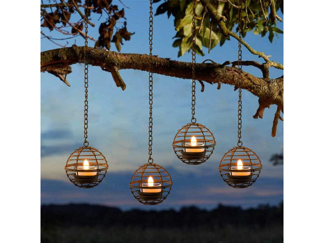 Solar Hanging Lanterns Outdoor Waterproof, Rust Iron Ball Candle Holder with Flickering Solar Powered Tea Lights, Perfect Chargeable Solar Lights...