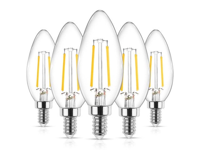 E12 LED Classic Candelabra Clear Light Bulb, 4W, Equivalent 40W, Warm White 2700K, Non-Dimmable, Filament Clear Glass, Pack of 5