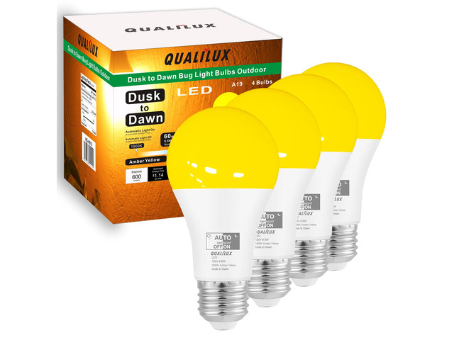 Dusk to Dawn A19 LED Bug Light Bulbs Outdoor, 1900K Amber Yellow, 600 Lumen, 9.5W, E26, 4-Pack, HQ-H018