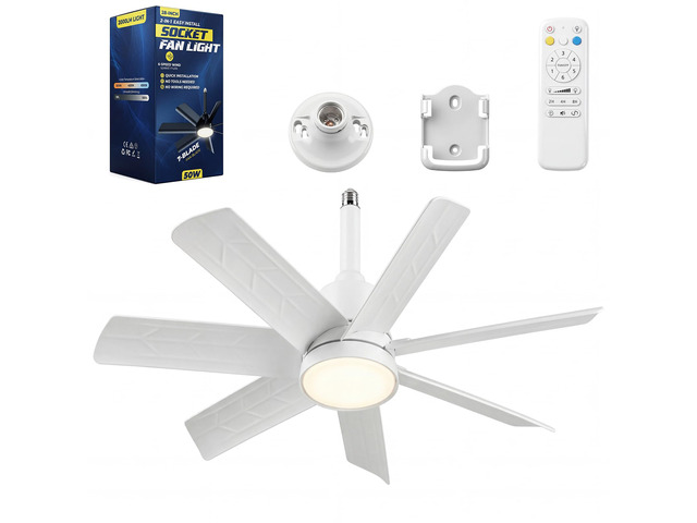 28 Inch Socket Fan Light with Remote Control, Screw in E26/E27 Ceiling Fan with LED Light, 3000-6000K Dimmable Color Temp, 6 Speeds, Timer, for...