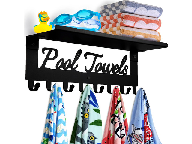 Pool Towel Racks with Shelf 8 Hooks for Pool Bathroom Wall Mount Towel Hooks Towel Holder Carbon Steel Hanger Organizer Pool Accessories Outdoor...