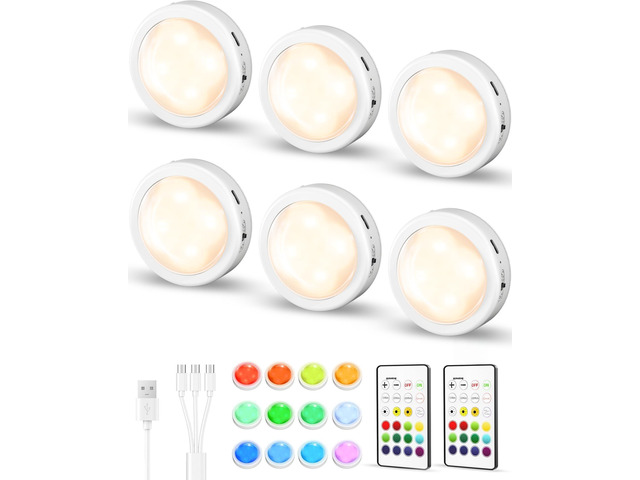 6-Pack RGB Rechargeable Puck Lights with Remote, Mini Under Cabinet Lighting, 2.95'' Tap Lights, 16 RGB Colors & 3 White Color Temps, Dimmable...