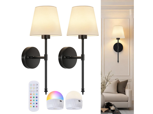Battery Operated Wall Sconces Set of 2, Wireless Battery Wall Light with 5200mAh Dimmable Bulbs with Remote,RGB15 Colors Wireless Wall Lamps for...