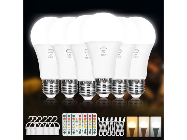 Rechargeable Light Bulbs with Remote, Battery Light Bulb with Hook 6 Pack 2600mAh Battery Operated Light Bulbs, Wireless, Emergenc, Timer, A19...