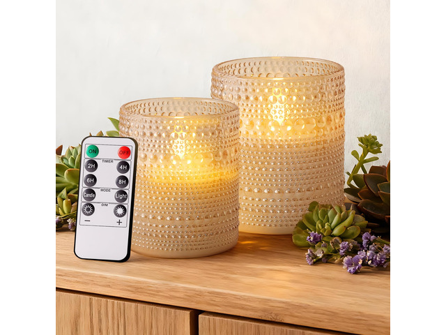 Gold Dotted Glass Real Wax Flameless Battery-Operated LED Pillar Candles LED Candles with Remote and Timer 3D Flickering Flame, for Festival...