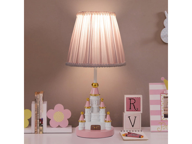 Kids Table Lamp, Adorable 14 Inch Castle Style Kids Desk Lamp, Pink Bedside Lamp Ideal for Girls Bedroom Decor, Includes LED Bulb
