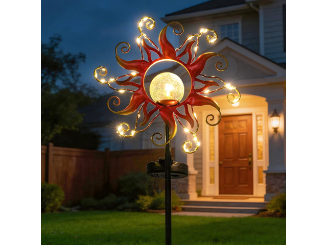 ZHQIAN Solar Lights Outdoor Waterproof Red Sun Metal Crackle Glass Stake Decorative for Outside,Yard,Lawn,Patio,Walkway Mothers'Day Gifts Mom...