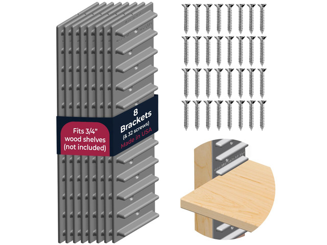 Made in USA Adjustable Shelf Brackets, 8-Pack (4 Pairs) Easy-to-Adjust One-Row Storage for Custom-Fit Shelves Your Items, Your Wood, You Supply It