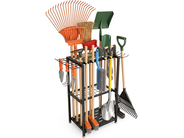 Garden Tool Organizer, 3-Tier Metal Yard Tool Rack with 14 Hooks & 5 Slots, Holds 50+ Rakes/Shovels/Brooms, Heavy Duty Freestanding Lawn Tool...