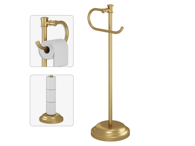 Toilet Paper Holder Floor Stand, Bathroom Freestanding Gold Toilet Tissue Roll Holder, Free Standing Rack with Storage, Weighted Base Accessories,...