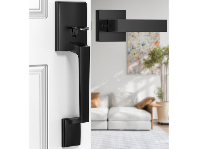 Black Front Door Handle No Lock for Modern Entry Door Zinc Alloy, Reversible Exterior Door Handle for Left & Right Hand Door, Lower Half Grip,...