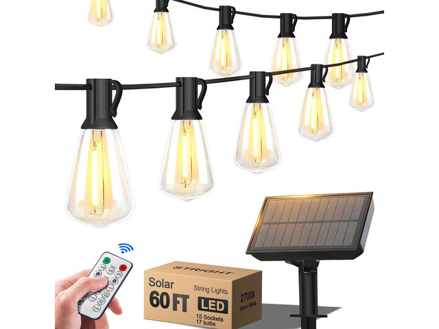 60FT Solar String Lights Weatherproof 15 LED for Patio Holiday Weatherproof with Remote, Solar Powered LED Edison Bulb, 15 Sockets, For Patio...
