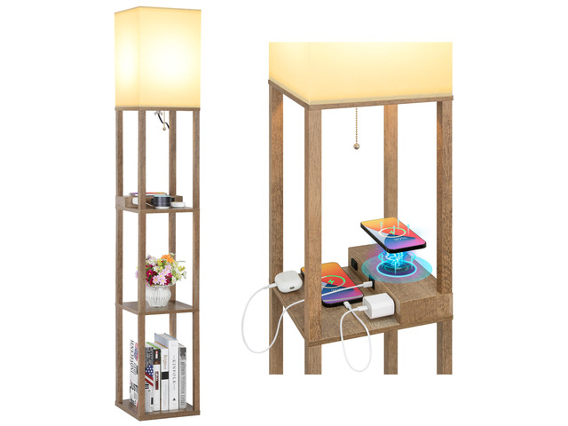 Shelf Floor Lamp with Wireless Charger, USB, Type C, AC Port, Wood Fast Charging USB Ports & Type C Port & 2 Power Outlets, 3 Tier Storage Shelf...