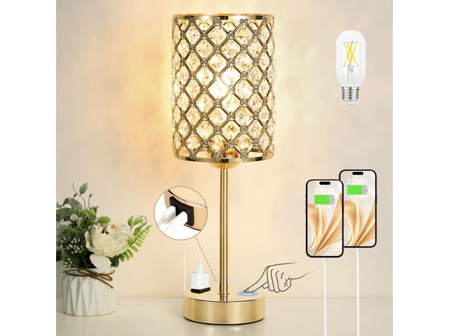 Gold Lamps for Night Stands, Crystal Table Lamp with Touch Control 3-Way Dimmable, USB-C+A & AC Outlet, Desk Lamp for Bedside, Nightstand, Living...