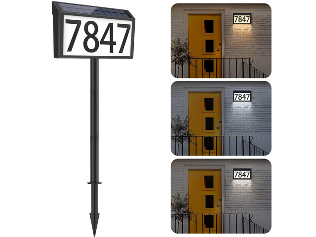 Solar Powered Address Sign House Number Waterproof 3-Light Modes LED Illuminated Address Plaque, Wall Mounted & In Ground, Outdoor Address...