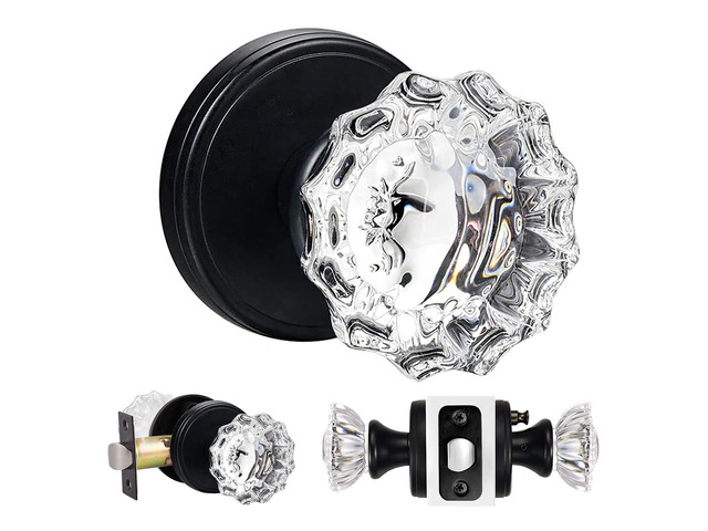Glass Door Knobs Interior Vintage Privacy Door Knob with Lock for Bedroom Bathroom Matte Black