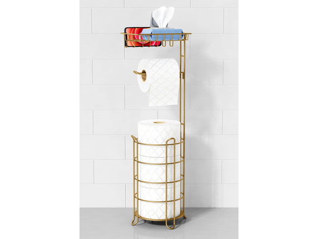 Gold Free Standing Toilet Paper Holder Stand with Phone Shelf, Floor Bathroom Tissue Holder for Large Mega Rolls, Metal Freestanding Toilet Paper...