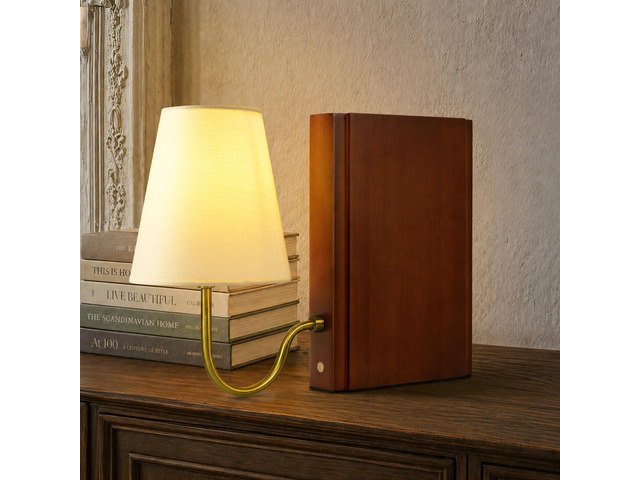 Solid Wood Bookshelf Lamp with Bulb, Cordless Rechargeable Touch Dimmable Table Lamp with Linen Fabric Shade, Modern Decorative Bookend Lamp for...