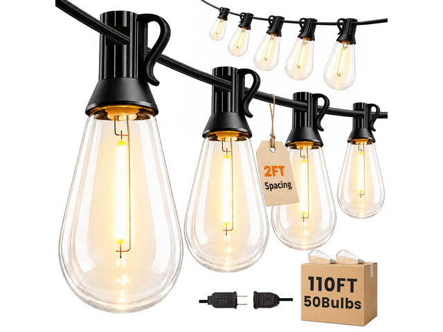 Outdoor String Lights 110FT(100+10) Waterproof, 50 LED S14 Shatterproof Edison Bulbs, 2FT Spacing, Extension Cord, Connectable Plug in Hanging...