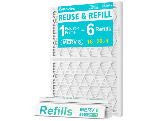 Refillable 16x20x1 Air Filter MERV 8, Reusable Frame & 6 Refills Lint, Pet Hair & Everyday Particle Control, 30-90 Day Filter for AC, HVAC &...