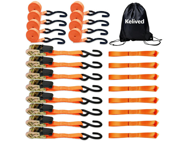 8PK Ratchet Tie Down Straps - 1in x 16feet, 1760LBS Break Strength, 8 Soft Loops, Wear-Resistant Webbing with Non-Slip Rubber Handle, S-Hooks &...