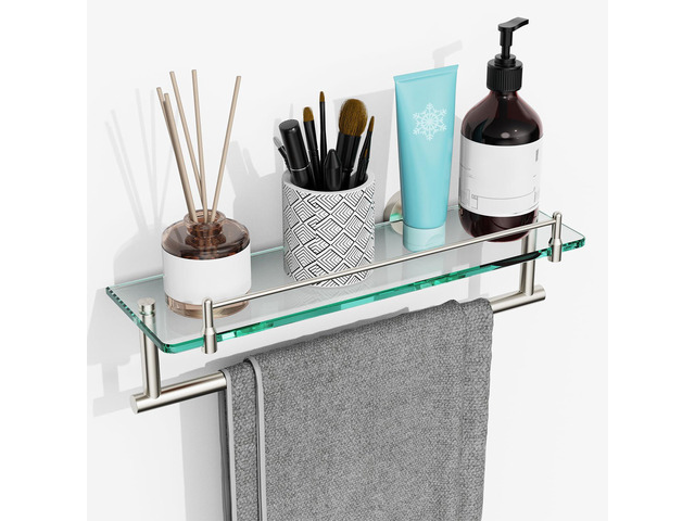 Floating Tempered Glass Bathroom Shelf with Towel Bar - Brushed Nickel & Stainless Steel, Wall Mount 16 Inch