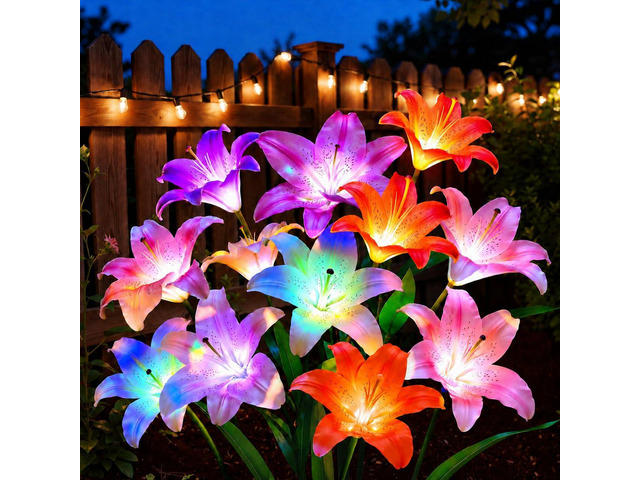 Solar Flower Lights, 6 Pack Solar Garden Lights with 36 Lily Flowers 7-Color Changing, Up to 15H Runtime, 6-Head Bigger Lily, IP65 Waterproof,...