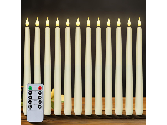 12 Pcs Flameless Taper Candles with Remote Timer Dimmer, 11 inches Ivory Taper Candles Battery Operated, Plastic LED Candlesticks with Flickering...