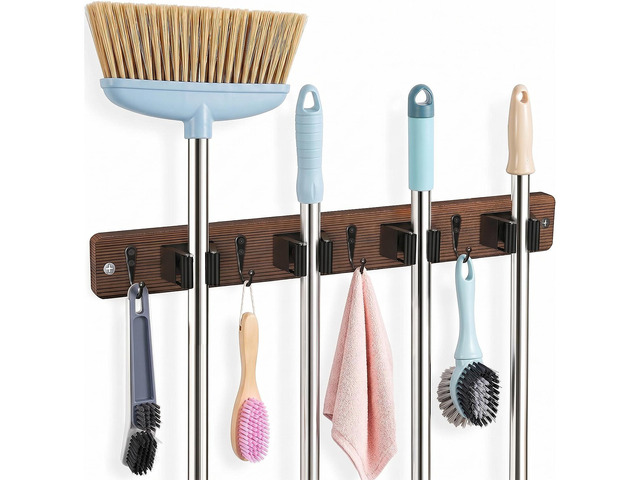 Broom Holder Wall Mount, 4 Holders 4 Hooks Mop and Broom Organizer Mop Holder Wall Mount and Broom Hanger for Garage, Laundry Room, Kitchen and...