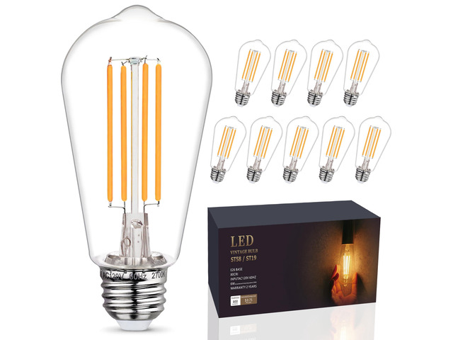 10-Pack Shatter Resistant LED Edison Light Bulbs 60W Equivalent Dimmable ST58 Vintage Light Bulbs, E26 Medium Base, 6W, 800LM, 2700K, 80+ CRI,...