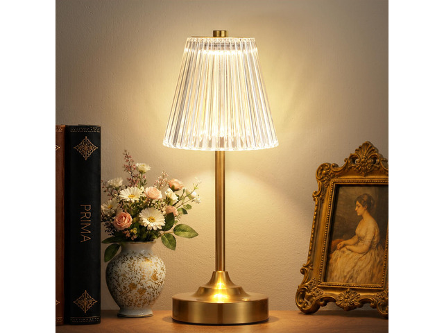 Gold Cordless Rechargeable Table Lamp, Battery Operated, Crystal, Small Brass, Touch Control, 3 Color, 4000mAh Long-Lasting, Vintage Ambient Night...