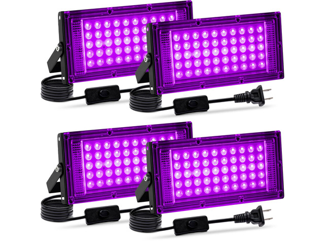 4 Pack 50W Black Light, LED Blacklight Flood Light with US Plug and Switch, Black Lights for Glow Party,Halloween,Body Painting,Birthday...