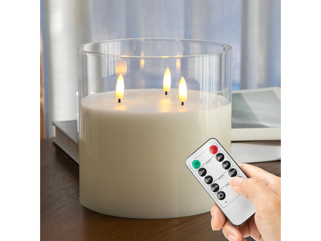 Extra Large Flameless Candles with 3 Wicks, 6'x6' Glass Battery Operated Candles with Remote, Real Wax Flickering LED Candles Fake Candle for Home,...