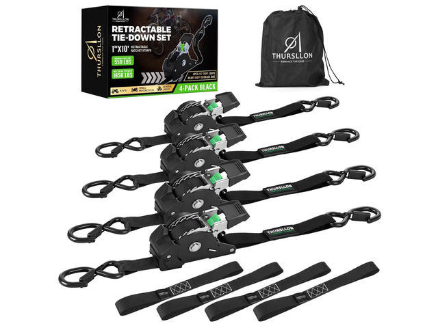 Retractable Ratchet Straps (4-Pack) - 1 Inch x 10 Feet (1,650lb Break Strength) - Auto Self Retracting Tie Down Straps for Truck, Cargo Trailer,...
