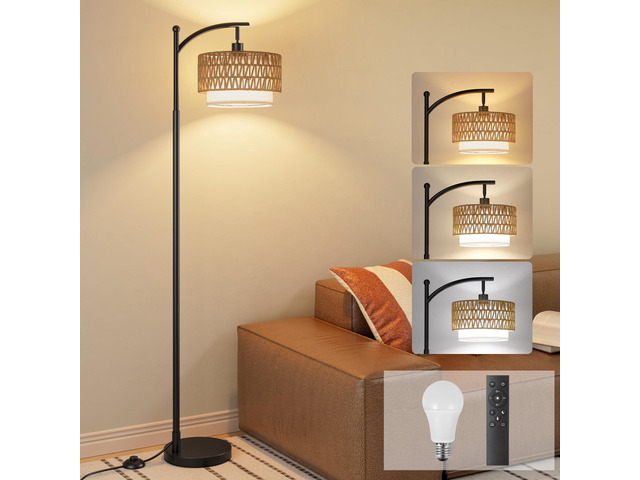 Arc Floor Lamp with Remote & Rattan Double Shades, Black Rustic Stepless Adjustable 3000K-6500K Colors,15-100% Brightness,Memory functions,9W LED...