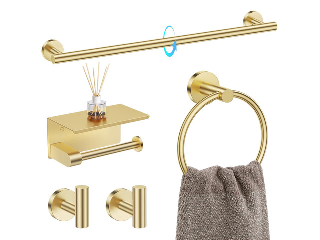 5 Piece Bathroom Hardware Set, Brushed Gold Bathroom Accessories SUS304 Stainless Steel, 23.6' Brushed Gold Toilet Paper Holder with Shelf, Towel...