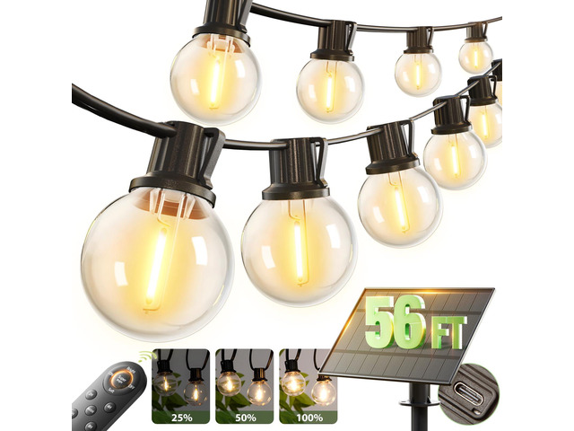 56FT(50+6) Solar String Lights Outdoor with Remote, 27 LED G40 Bulbs Solar Powered & USB Charging Patio Lights, Dimmable Waterproof Solar String...