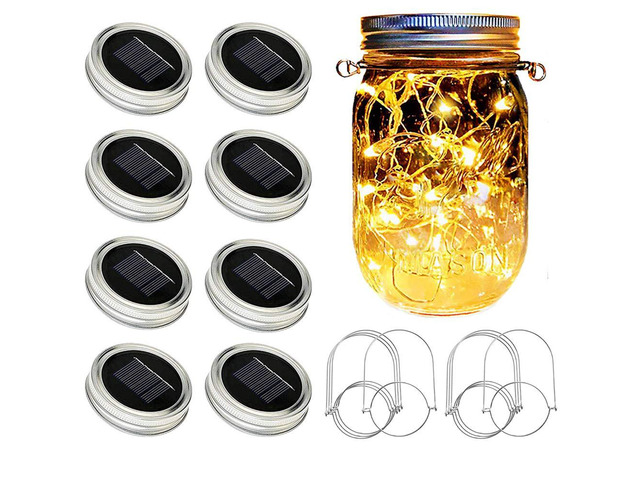 Solar Mason Jar Lights [Updated], 8 Pack 20 LED Waterproof Fairy Firefly Jar Lids String Lights with Hangers(NO Jars), Patio Yard Garden Wedding...