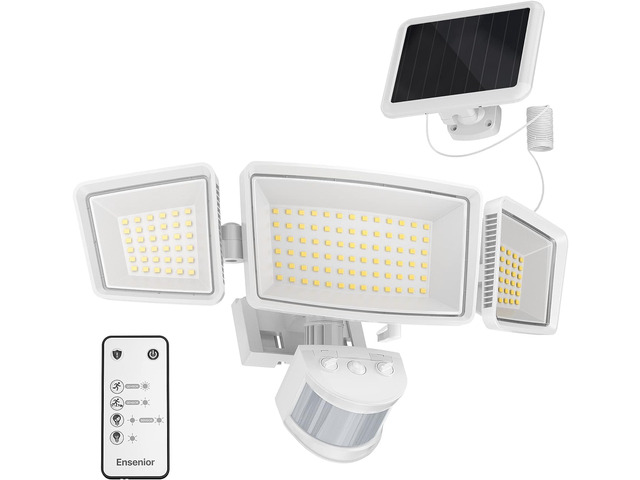 Solar Flood Lights Outdoor, Split Panel Design, White, 1-Pack Remote included, 1800LM, 5 modes, 3 adjustable heads, 270° coverage, 180° motion...