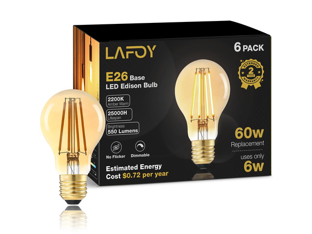 A19 Amber Edison Bulbs, Dimmable E26 LED 60 Watt Equivalent 6 Pack 2200K soft warm vintage light for cozy bedroom lamps. Antique old-fashioned glow...