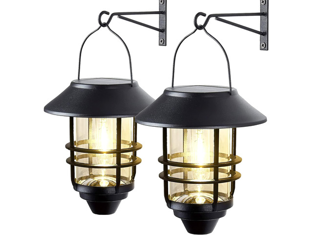 2 Pack Solar Lanterns Outdoor, Hanging Solar Lights for Outside Glass Metal with Wall Mount Bracket,Waterproof Auto Dusk to Dawn Garden Lantern for...