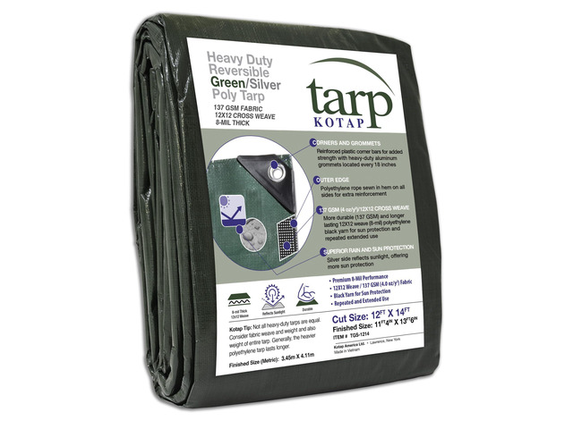 12 x 14 Ft. Heavy-Duty Protection/Coverage Tarp, 8-mil, Reversible, Multi-Use, Waterproof, Green-Silver, (TGS-1214)